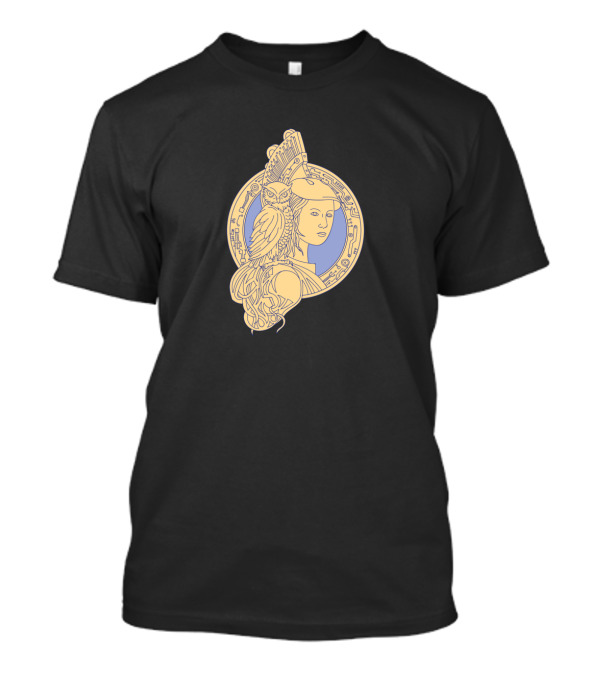 Athena With Owl On Shoulder Circuit Circle Mono Line Greek Goddess Symbolic T-Shirt