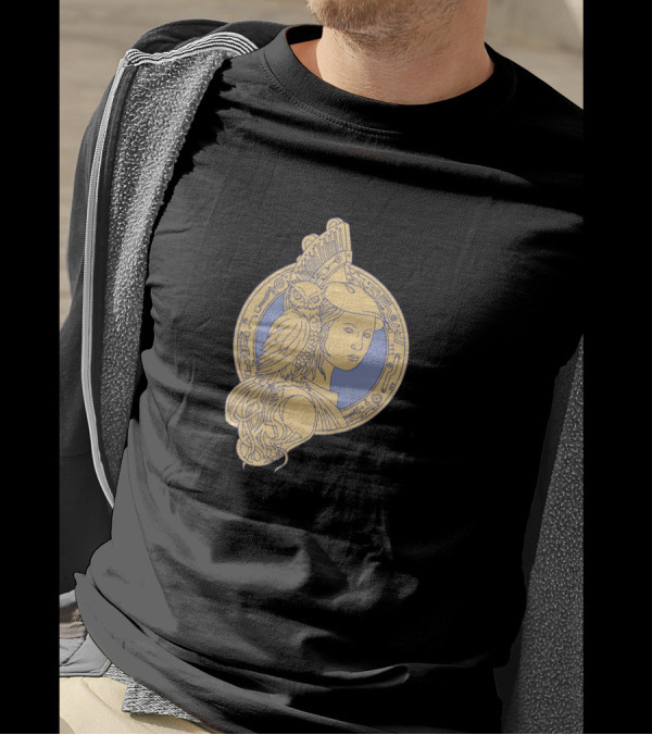 Athena With Owl On Shoulder Circuit Circle Mono Line Greek Goddess Symbolic T-Shirt