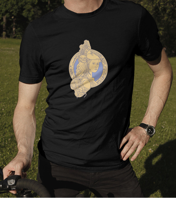 Athena With Owl On Shoulder Circuit Circle Mono Line Greek Goddess Symbolic T-Shirt