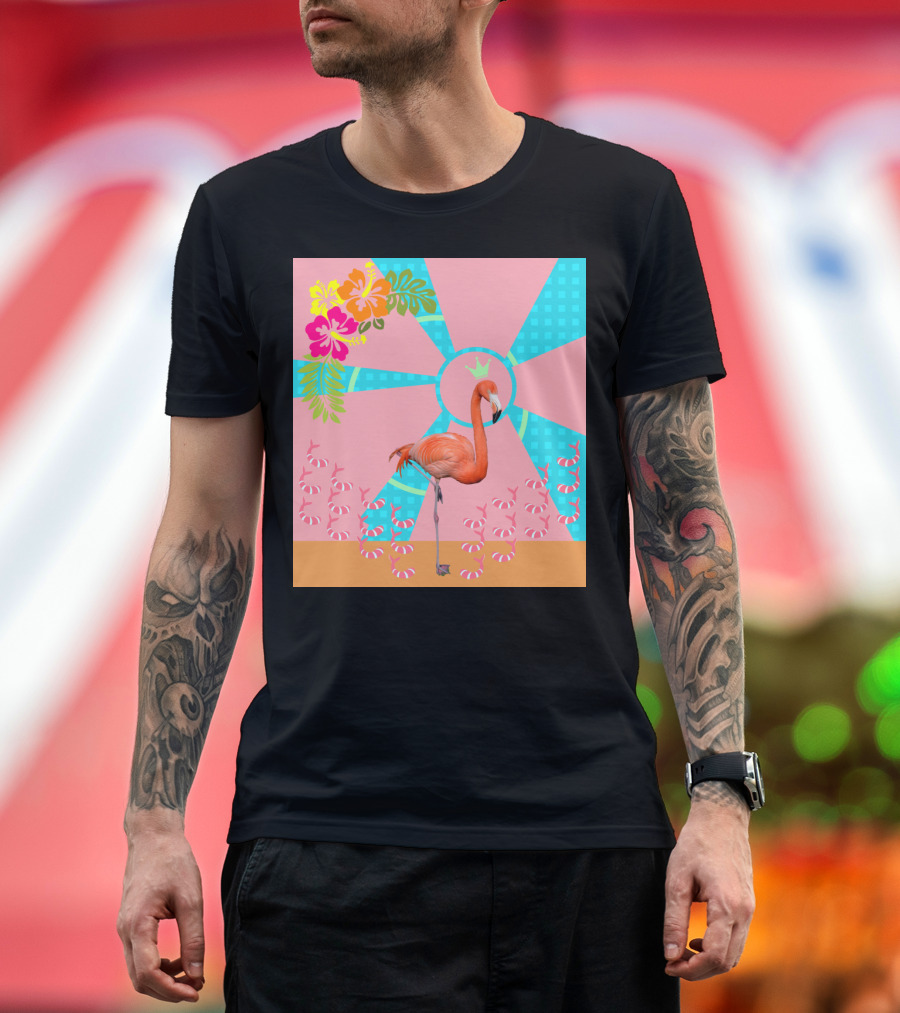 Flamingo Crown with Tropical Flowers and Candy Cane Stripes T-Shirt