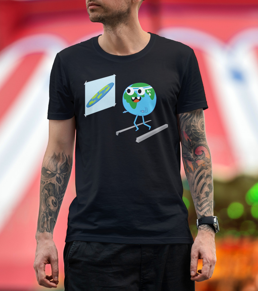 Cartoon Earth Exercising with Flat Earth Projection Concept T-Shirt