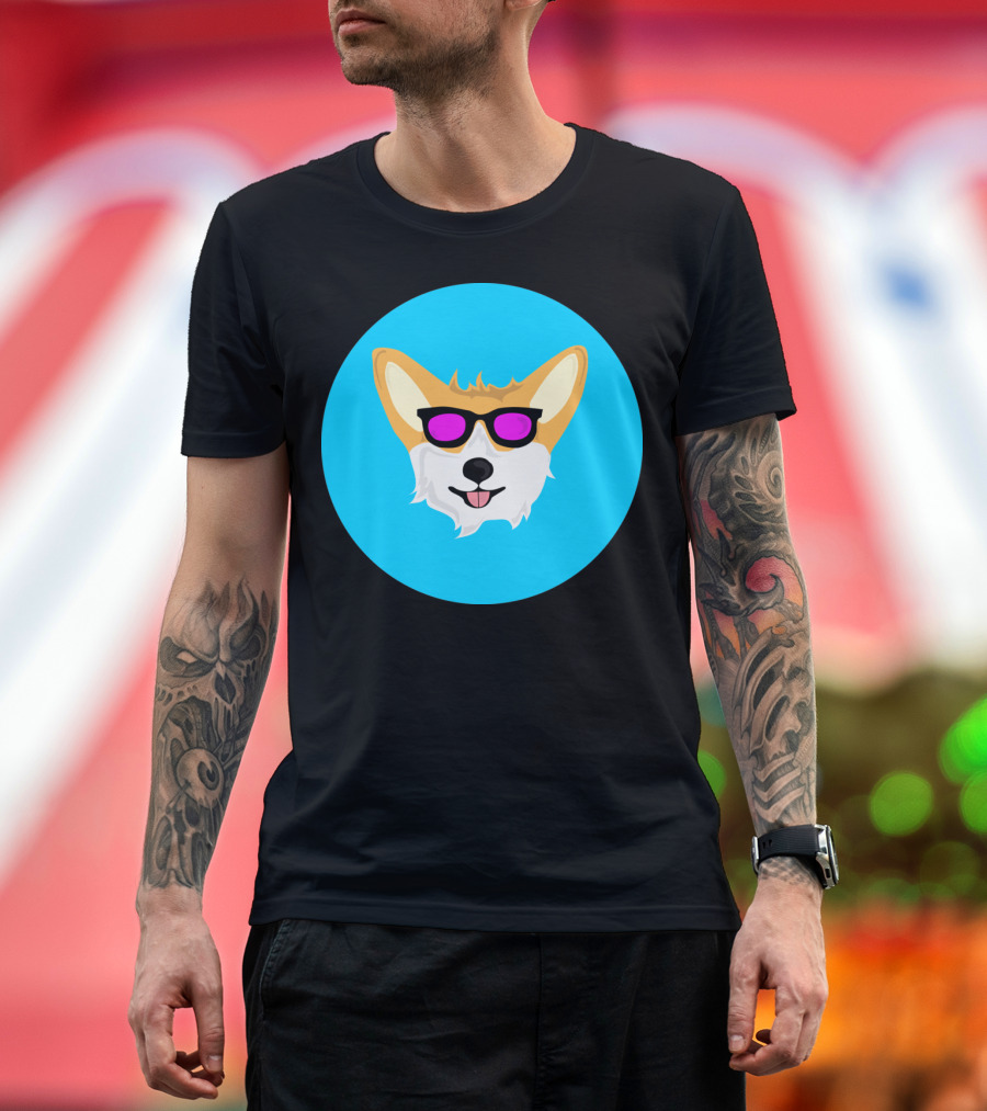 Cool Sunglasses Corgi on Blue Circle Background T-Shirt