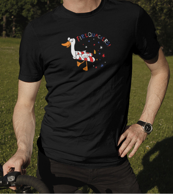 FireQuackers Duck Riding Rocket With Colorful Stars Explosion T-Shirt