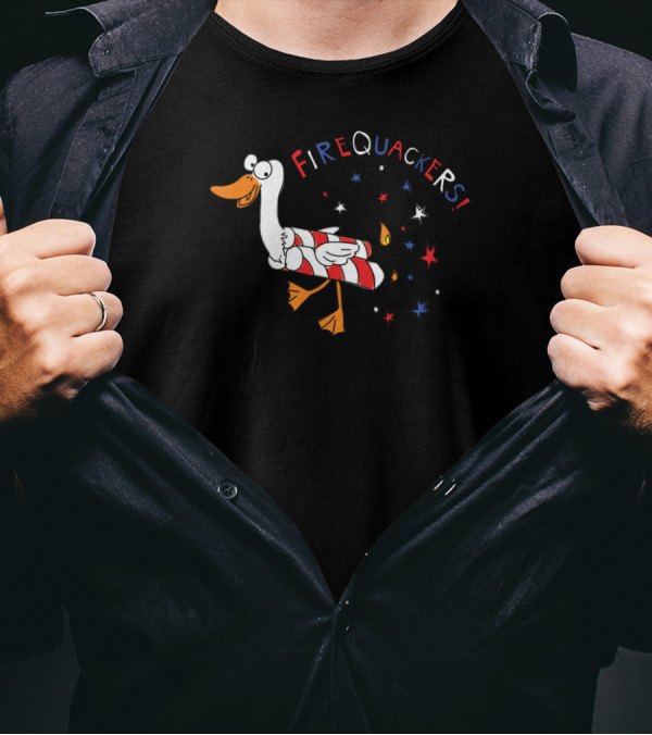 FireQuackers Duck Riding Rocket With Colorful Stars Explosion T-Shirt