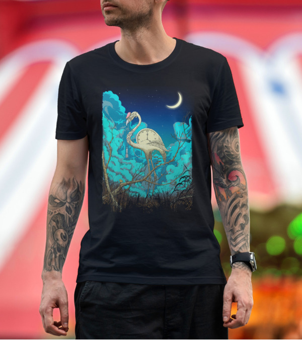 Premium T-Shirt: Surreal Flamingo Moonlit Clock Dreamscape with Crescent T-Shirt Surreal Flamingo Moonlit Clock Dreamscape with Crescent T-Shirt