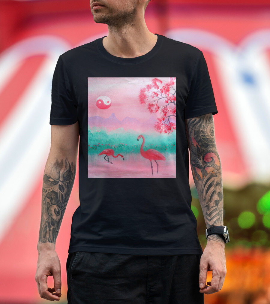 Yin and Yang Flamingo Serenity in Pink Landscape with Cherry Blossom and Mountains T-Shirt