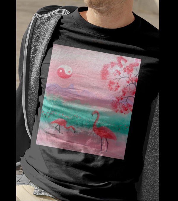 Yin And Yang Flamingo Serenity In Pink Landscape With Cherry Blossom And Mountains T-Shirt