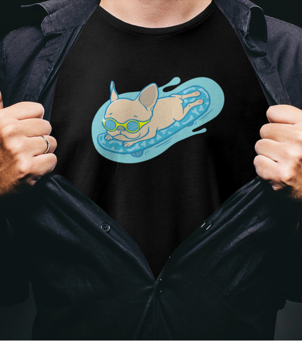 Frenchie Sliding On Pool Float With Sunglasses Relaxing T-Shirt
