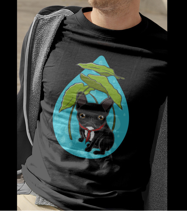 Black Frenchie Puppy Under Leaf Shelter Enjoying Spring Raindrops T-Shirt