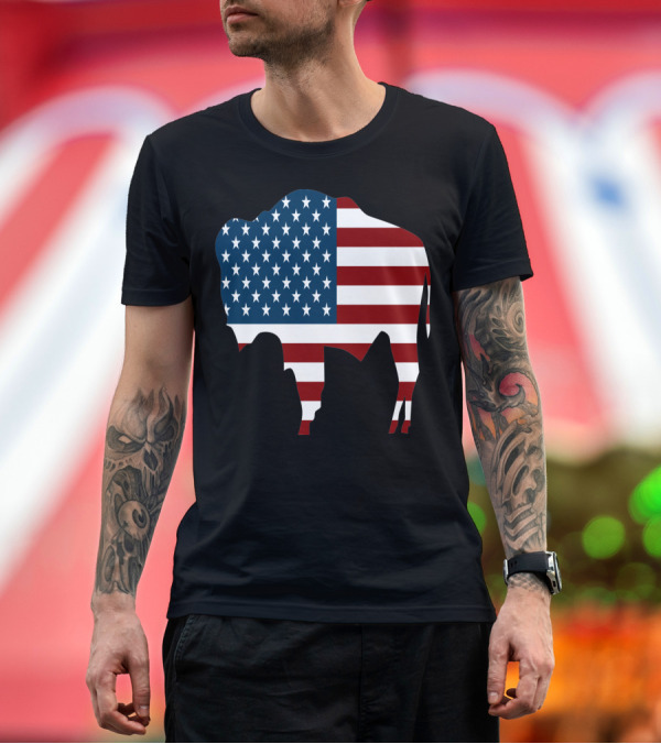 Premium T-Shirt: American Flag Bison Silhouette Patriotic T-Shirt American Flag Bison Silhouette Patriotic T-Shirt