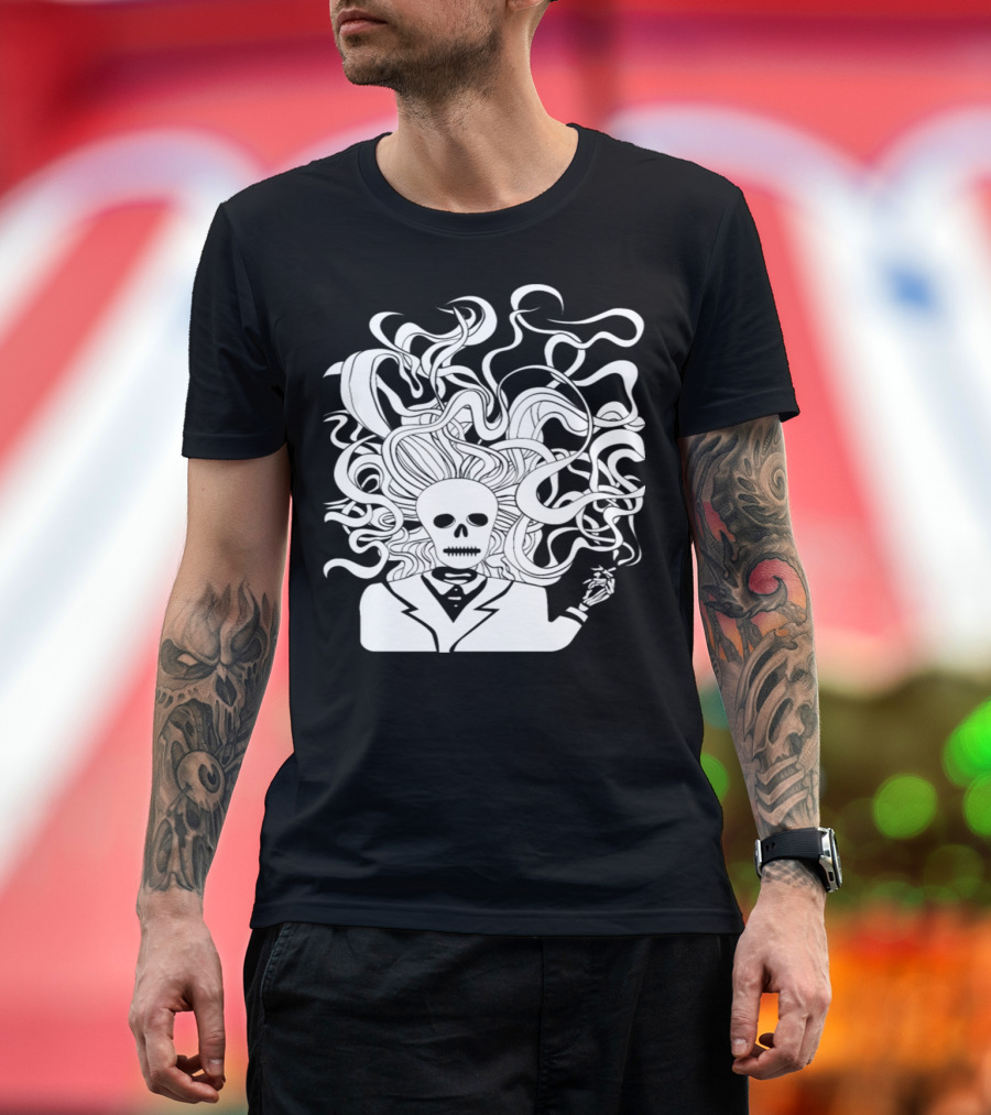 Smoking Skeleton Swirling Tendrils White T-Shirt