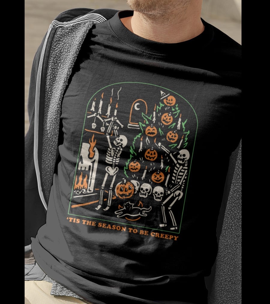 'Tis The Season To Be Creepy Skeletons Decorating With Pumpkins And Skulls T-Shirt
