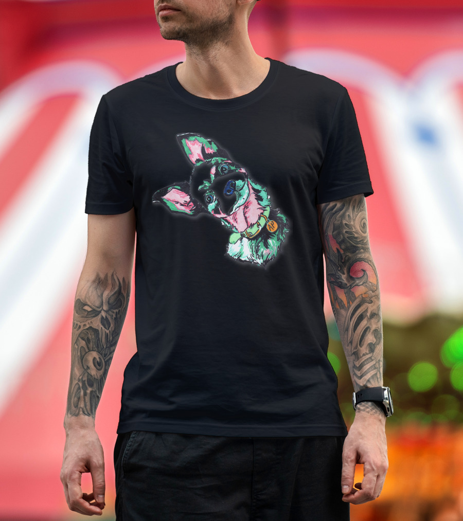 Neon Sydney Dog with AP Tag and Mischievous Expression T-Shirt