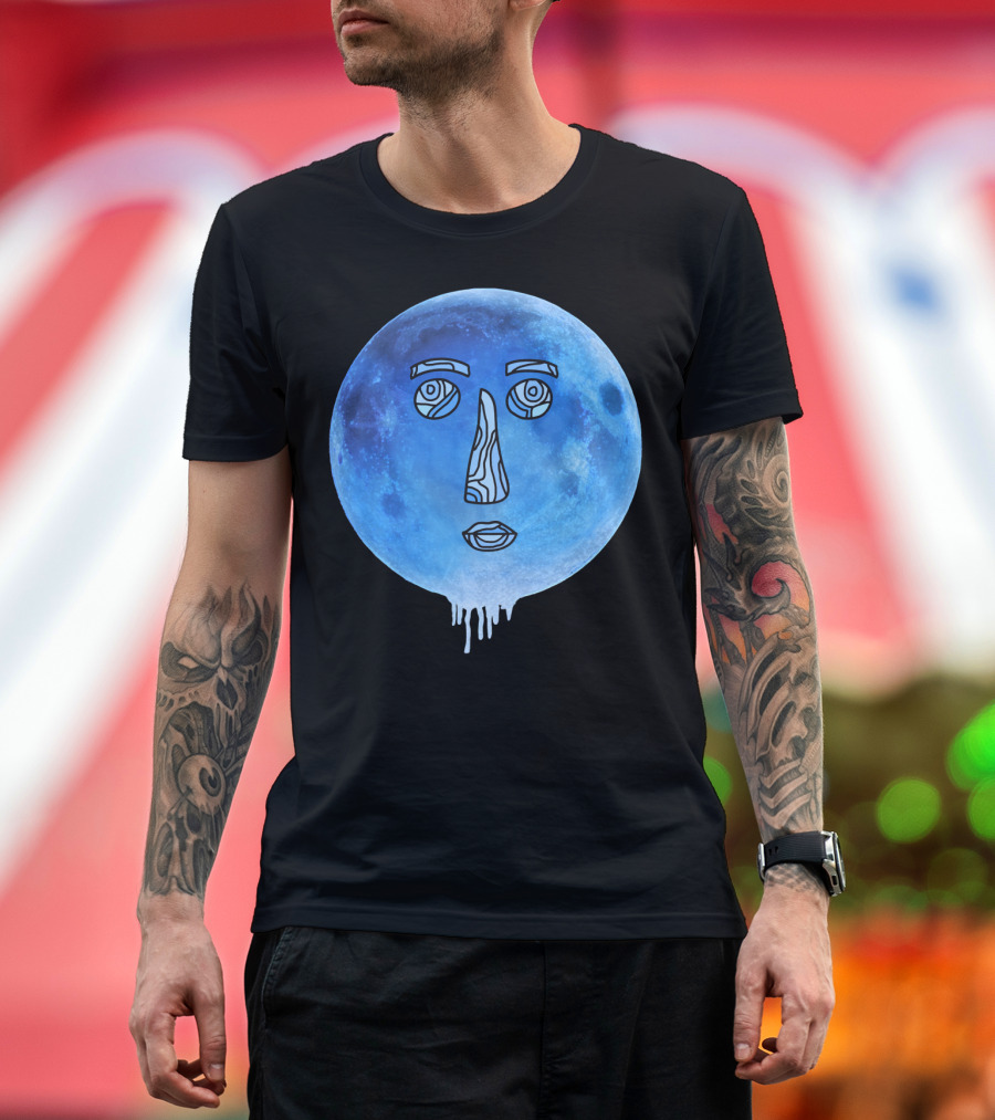 Blue Moon Face Line Art Dripping Effect T-Shirt