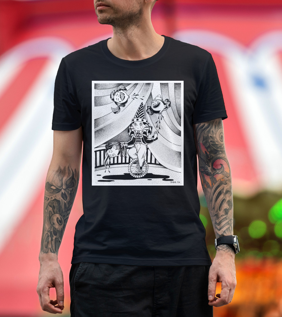 Juggling Clown on Unicycle with Circus Tent Curtains and Laughing Fish Balloons T-Shirt