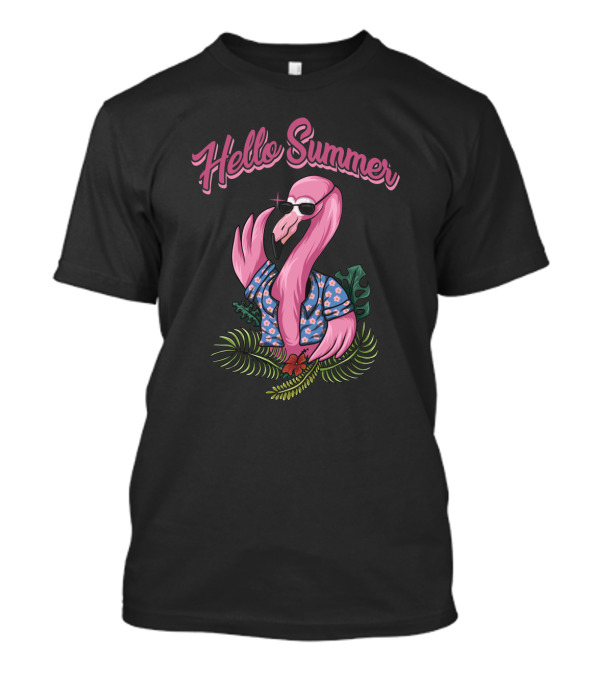 Hello Summer Flamingo In Sunglasses And Hawaiian Shirt Surrounded By Tropical Leaves T-Shirt
