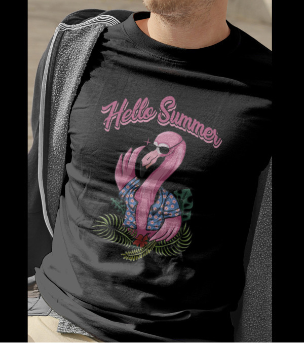 Hello Summer Flamingo In Sunglasses And Hawaiian Shirt Surrounded By Tropical Leaves T-Shirt