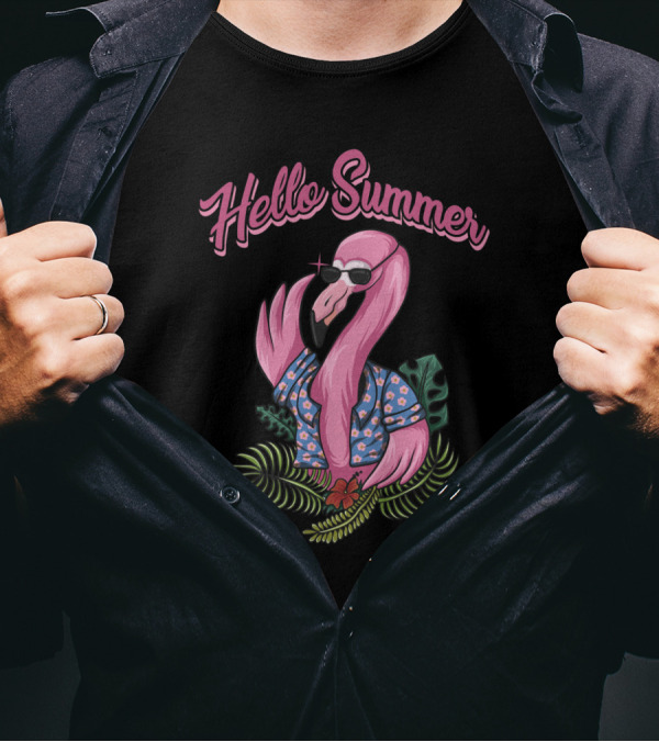 Hello Summer Flamingo In Sunglasses And Hawaiian Shirt Surrounded By Tropical Leaves T-Shirt