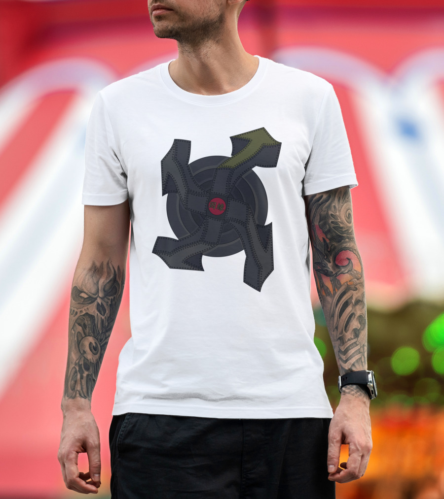 Karma Symbol with Arrows and Asian Characters on Dark Gray Background T-Shirt