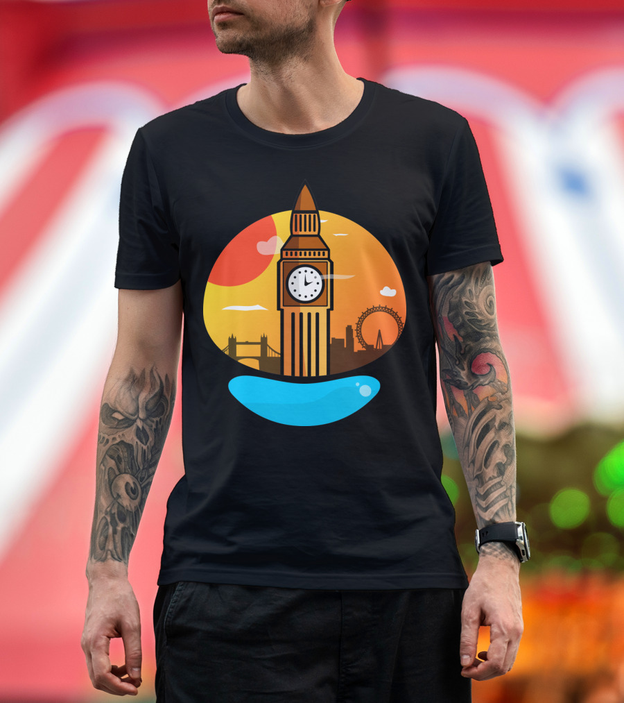 Big Ben Sunset Silhouette London Eye Tower Bridge Iconic Scene T-Shirt