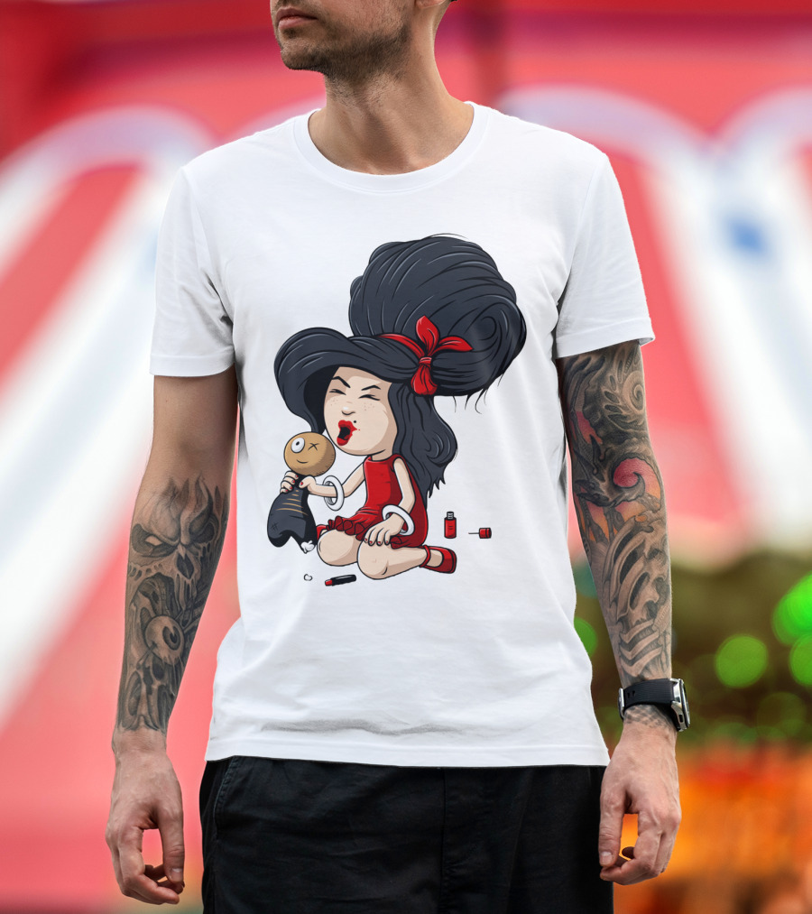 Rock Star Cartoon Character with Big Hair and Red Dress Holding Voodoo Doll T-Shirt