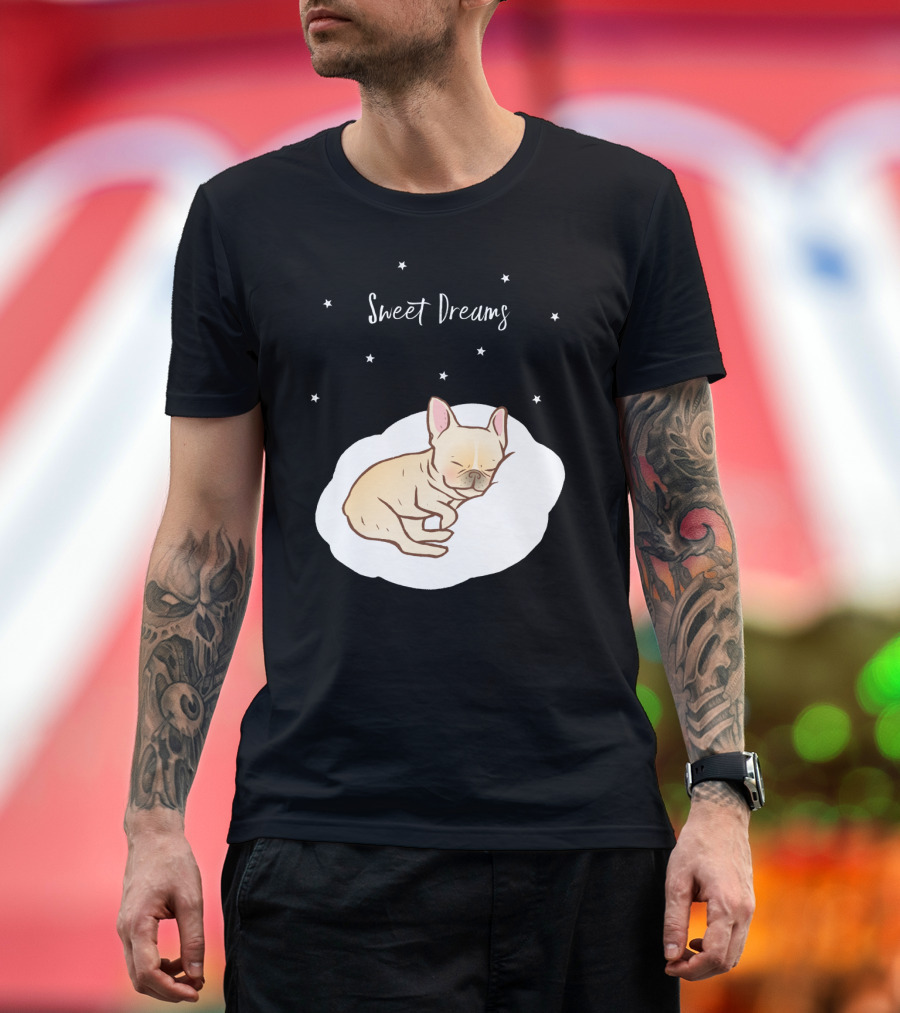 Sweet Dreams Frenchie Puppy Sleeping on Cloud with Nighttime Stars T-Shirt
