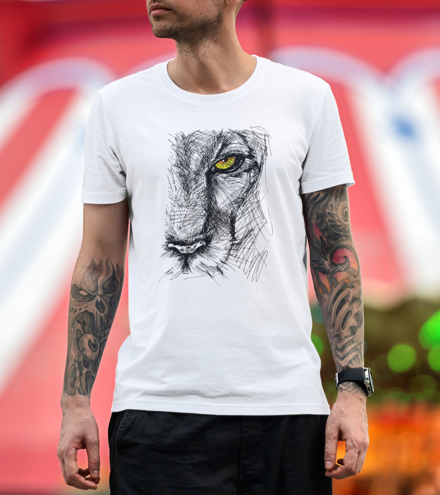 Hand Drawn Sketch of a Lion with Intense Yellow Eye T-Shirt
