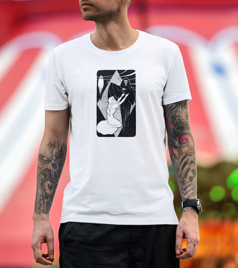 Death Waits For No One Dark Mysterious Reaper and Enigmatic Ghostly Figure with Reaching Woman T-Shirt