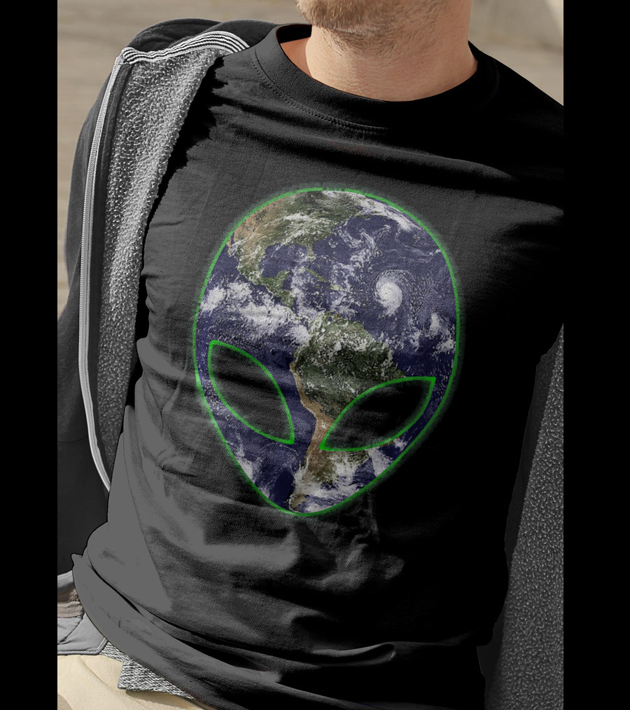 Aliens On Earth Grey Face With Planet T-Shirt
