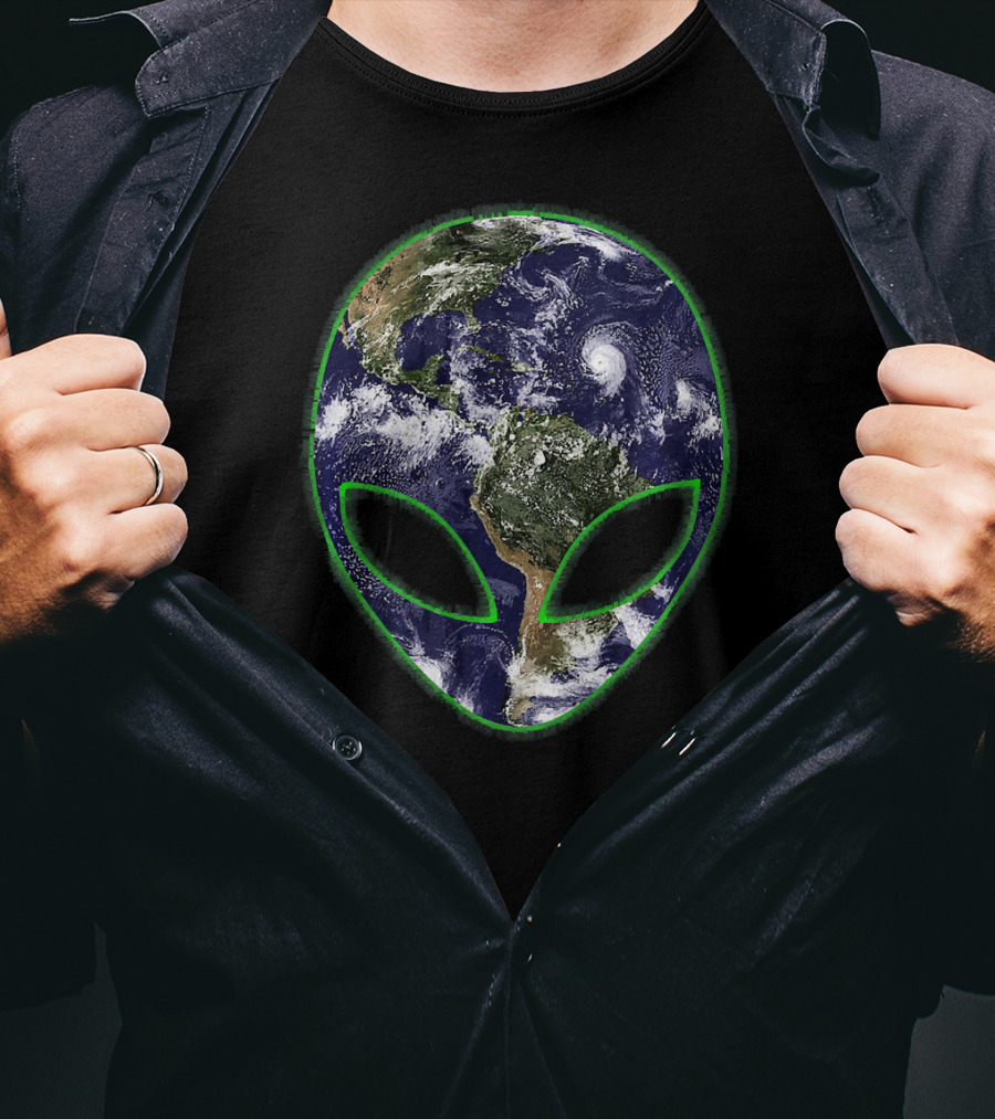 Aliens On Earth Grey Face With Planet T-Shirt