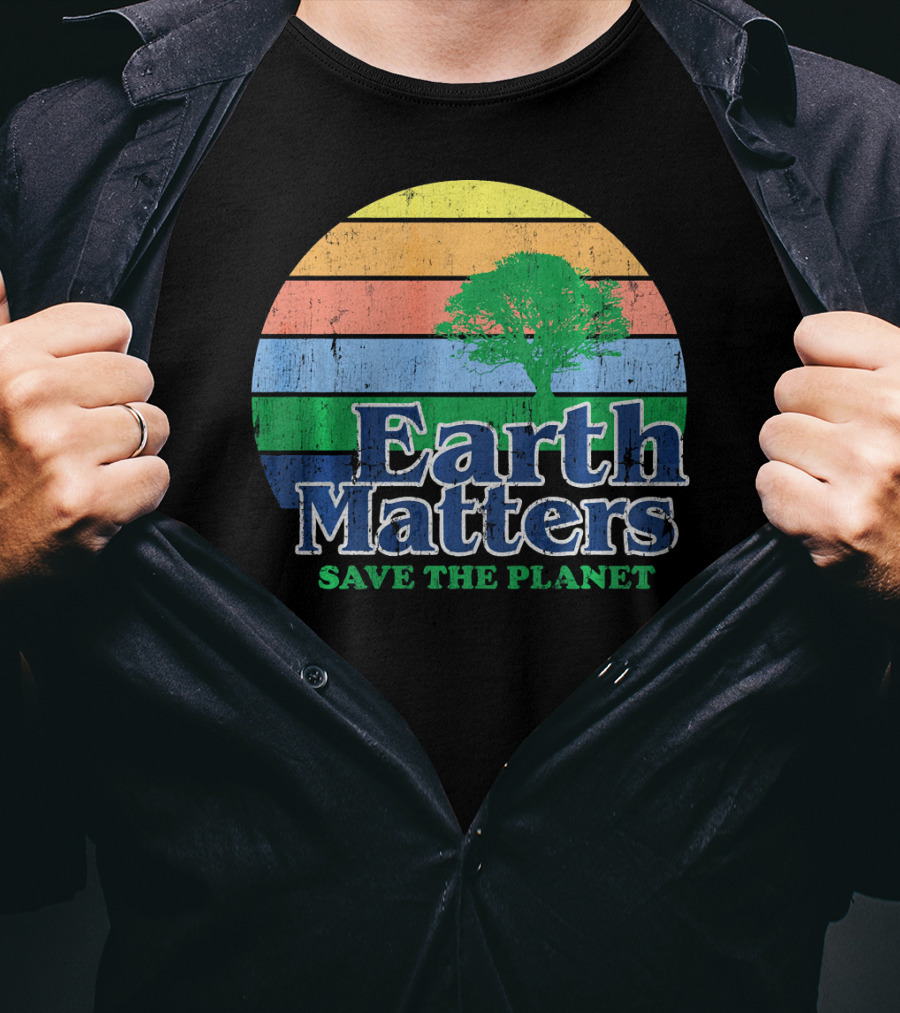 Earth Matters Save The Planet Earth Day Tree Retro Sunburst T-Shirt