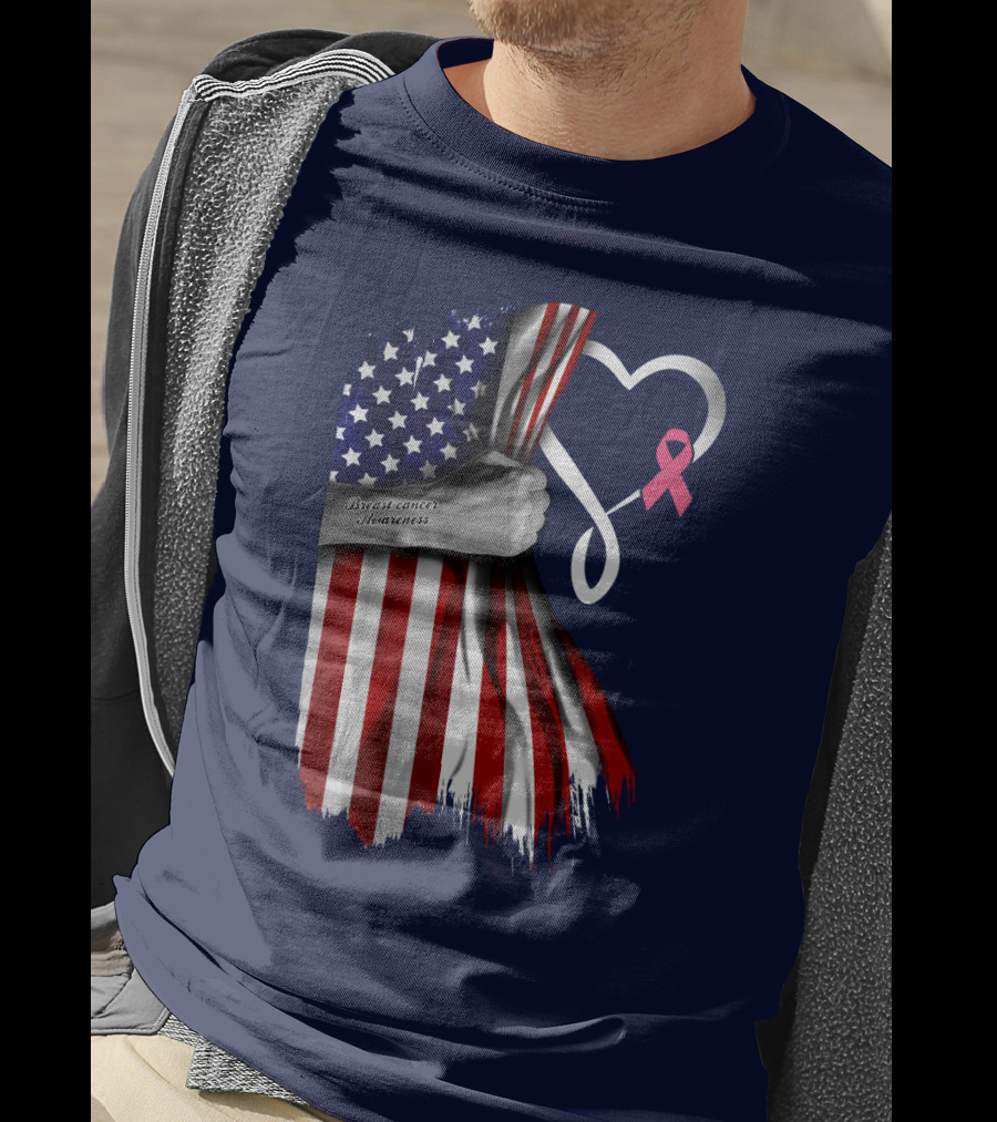 Breast Cancer Awareness American Flag Heart T-Shirt