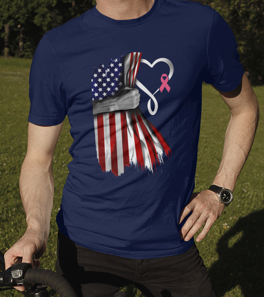 Breast Cancer Awareness American Flag Heart T-Shirt