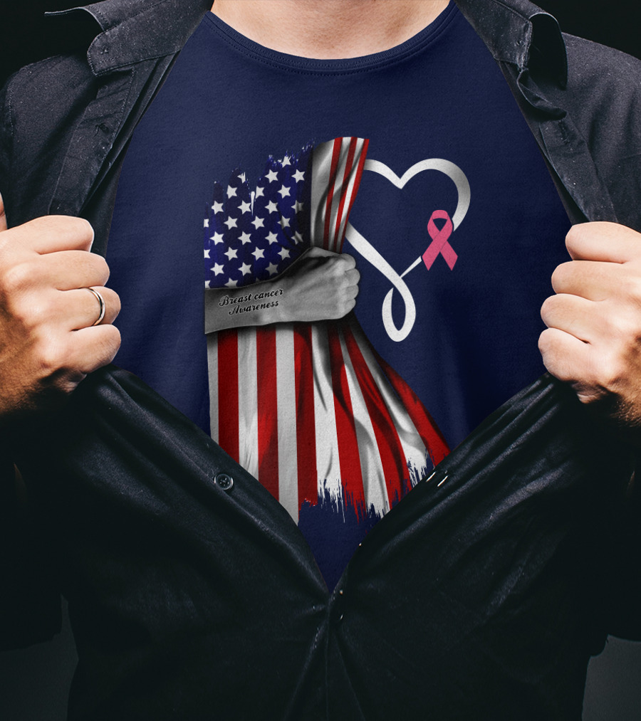 Breast Cancer Awareness American Flag Heart T-Shirt
