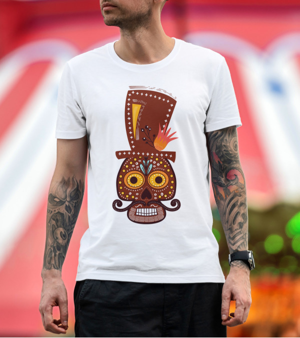 Premium T-Shirt: Skull Series 156 Colorful Day of the Dead Sugar Skull Top Hat Mustache T-Shirt Skull Series 156 Colorful Day of the Dead Sugar Skull Top Hat Mustache T-Shirt