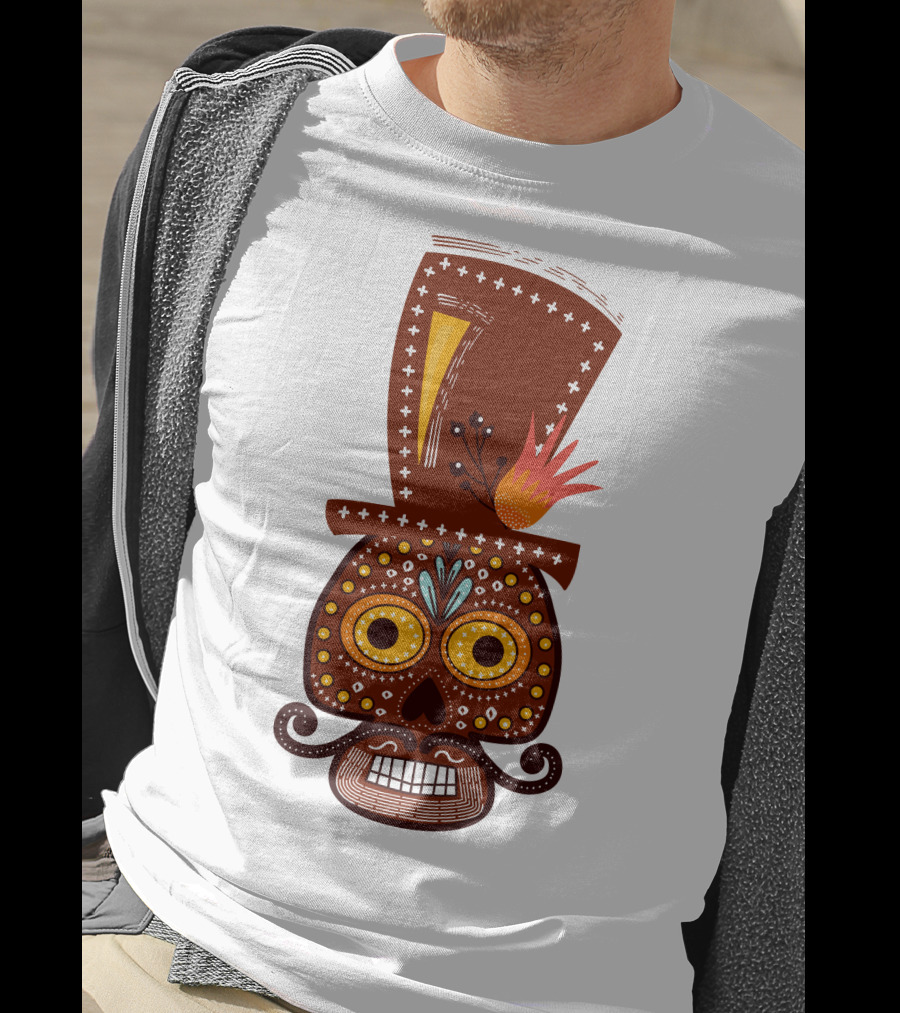 Skull Series 156 Colorful Day Of The Dead Sugar Skull Top Hat Mustache T-Shirt