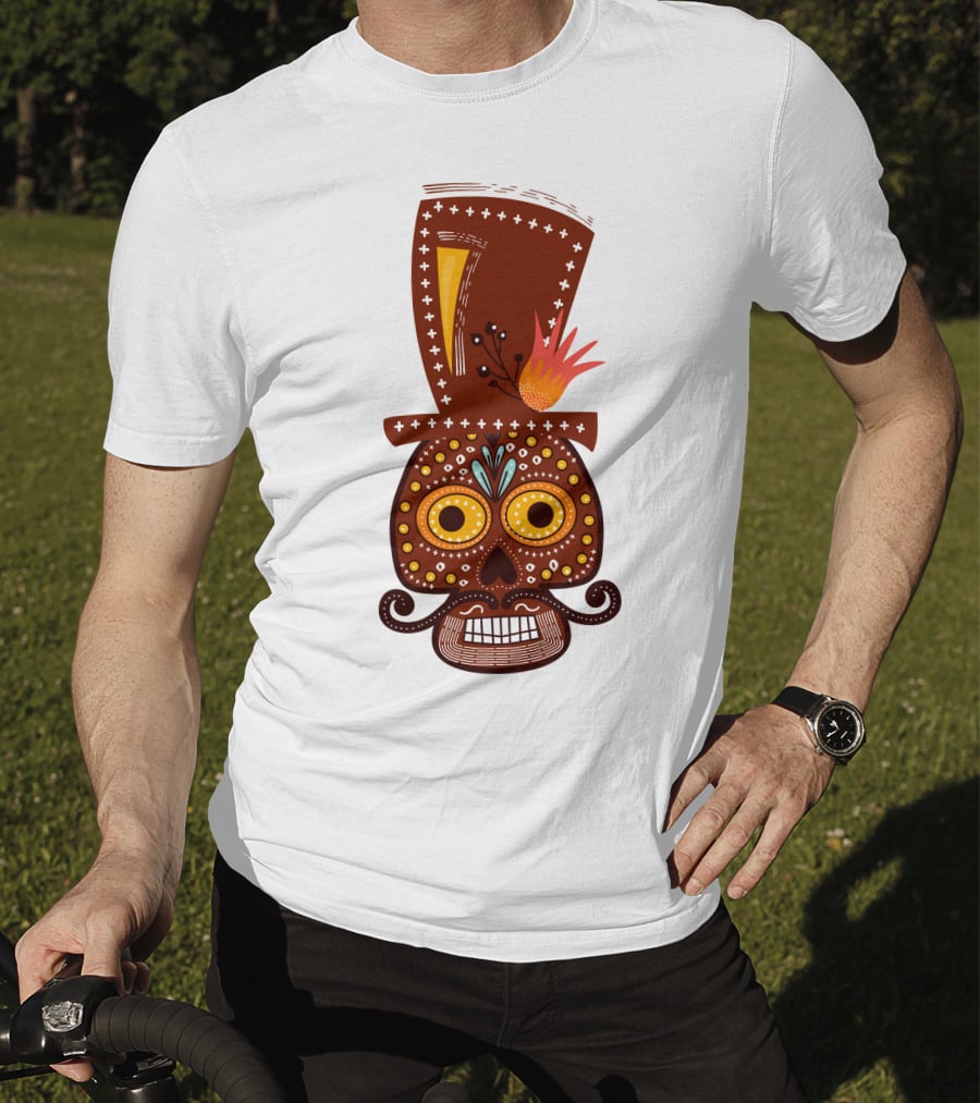 Skull Series 156 Colorful Day Of The Dead Sugar Skull Top Hat Mustache T-Shirt