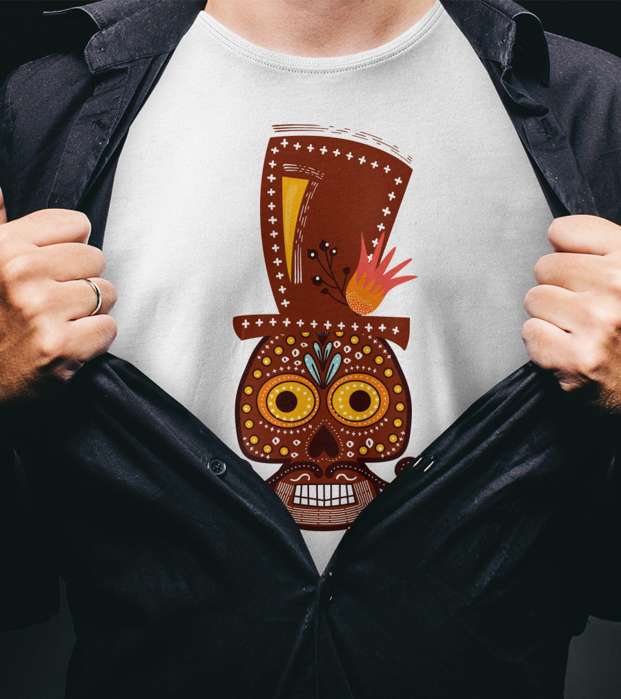 Skull Series 156 Colorful Day Of The Dead Sugar Skull Top Hat Mustache T-Shirt