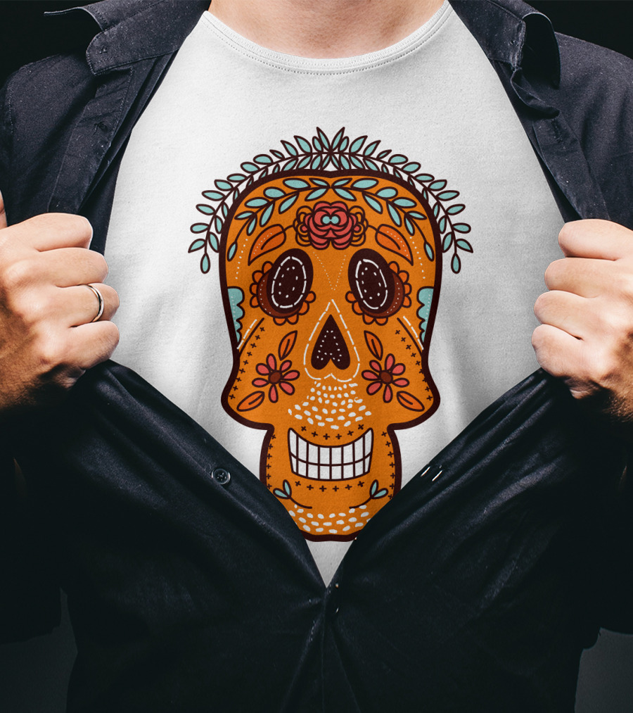 Skull Smile Sugar Skull Floral Día De Los Muertos T-Shirt