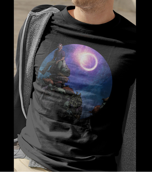Stargazer On Rocky Summit Under Enigmatic Celestial Aura T-Shirt
