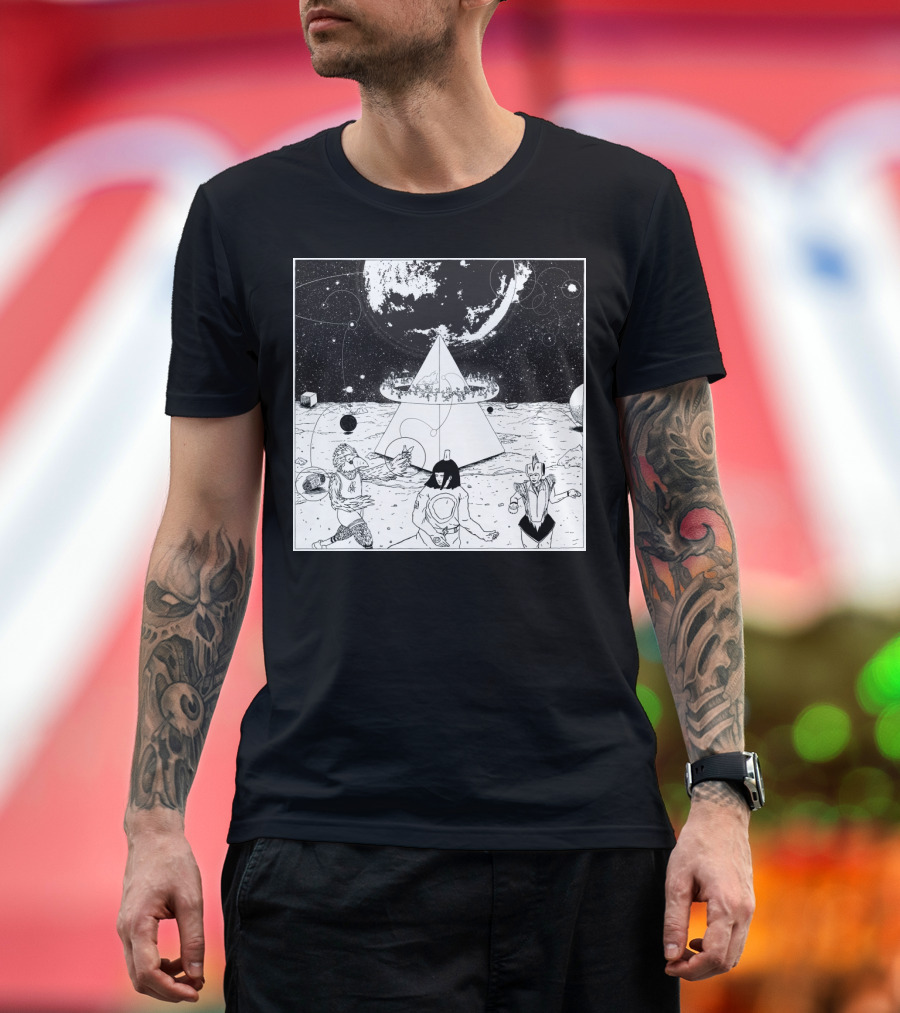 Mysterious Cosmic Pyramid with Dancing Characters Under Planetary Orbit T-Shirt