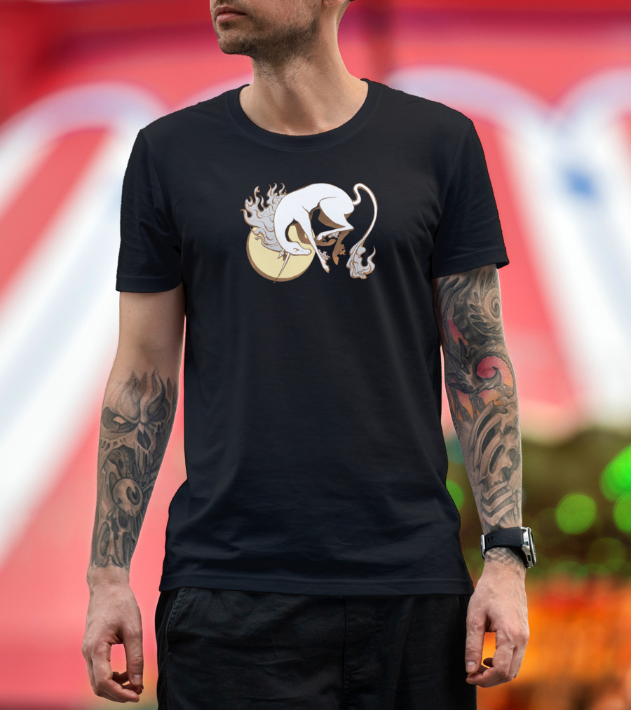 Crescent Moon with Mystical White Fox Enveloped in Flames T-Shirt
