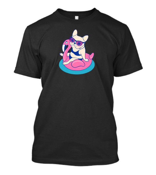 Frenchie Enjoys Summer Vibes On Pink Flamingo Float In Swimming Pool T-Shirt