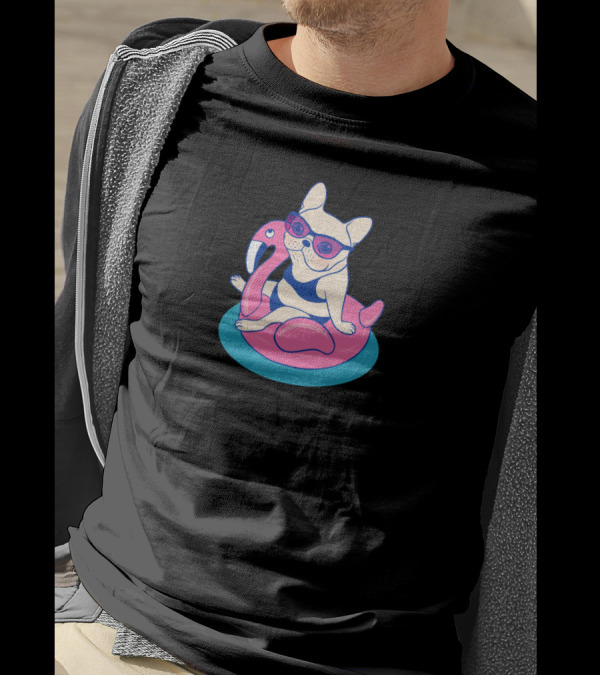 Frenchie Enjoys Summer Vibes On Pink Flamingo Float In Swimming Pool T-Shirt