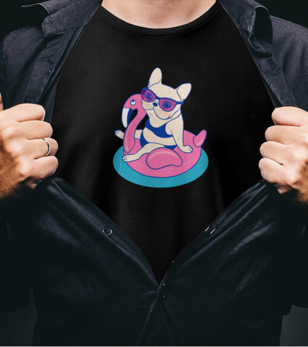 Frenchie Enjoys Summer Vibes On Pink Flamingo Float In Swimming Pool T-Shirt