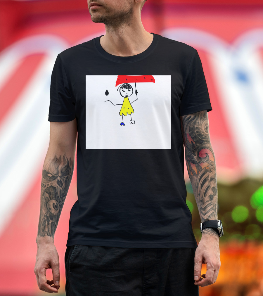 Curious One Stick Figure in Yellow Dress with Red Umbrella and Raindrop T-Shirt