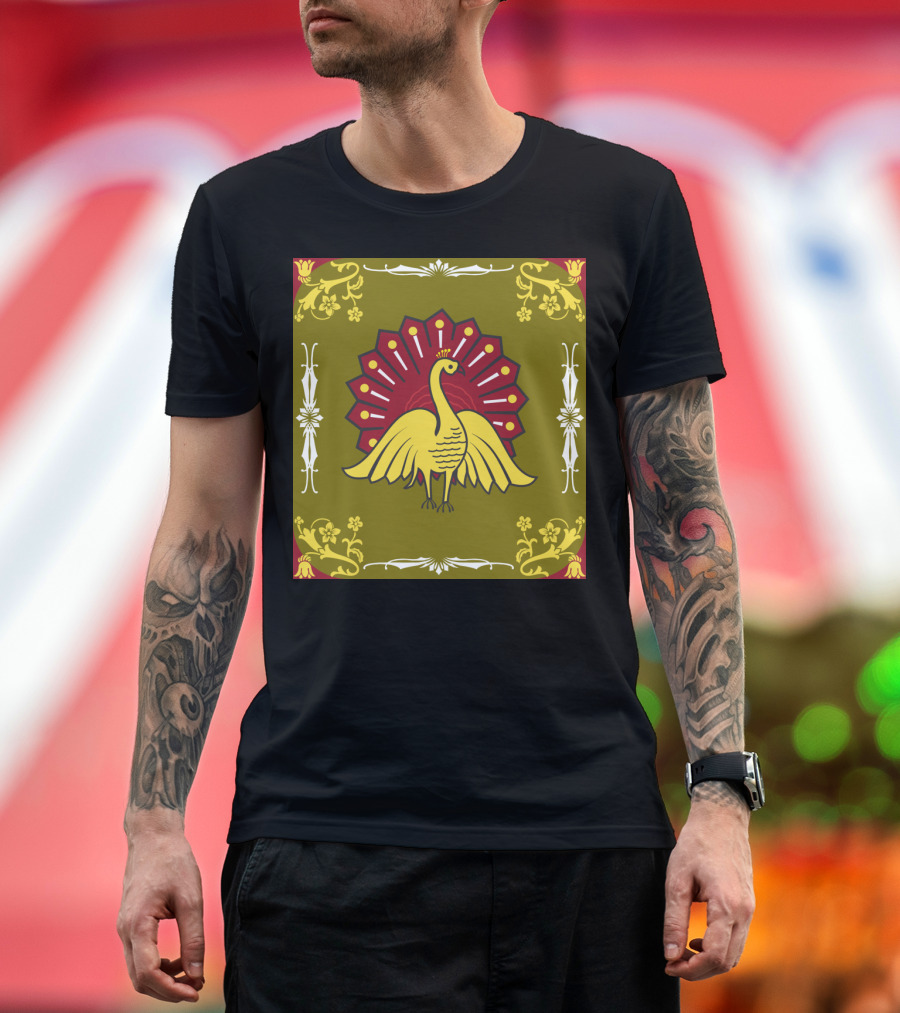 Golden Peacock With Ornate Red and Floral Border T-Shirt