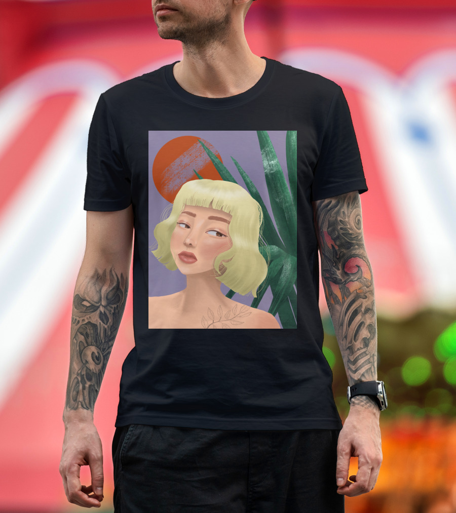 Silent Dawn Reflective Portrait with Blonde Woman and Vibrant Sunlit Leaves T-Shirt