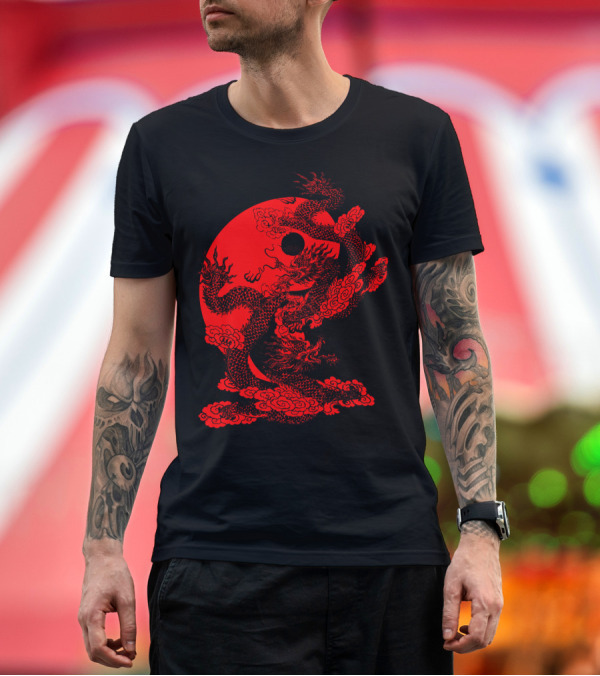 Premium T-Shirt: Red and Black Ying Yang Dragons with Intricate Spiral Clouds T-Shirt Red and Black Ying Yang Dragons with Intricate Spiral Clouds T-Shirt