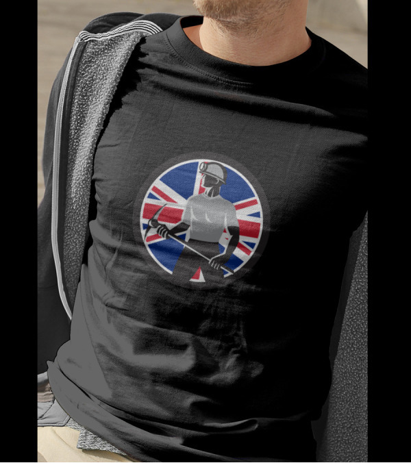 Union Jack British Coal Miner Icon With Pickaxe And Protective Gear T-Shirt